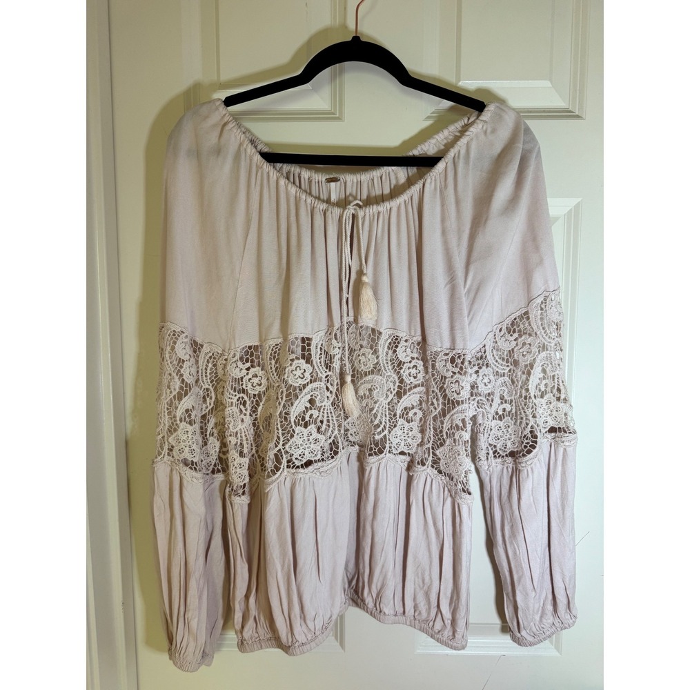 Free People‎ Boho Lace Peasant Blouse Pink Small Tassel Tie - Picture 3 of 12